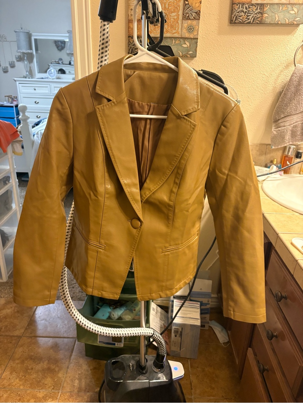 Source Unknown Mustard Leather Single-Button Blazer